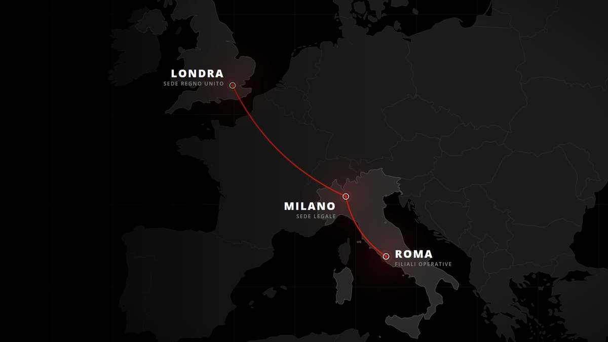 Mappa delle sedi Improgest: Londra sede Regno Unito, Milano hub direzionale, Roma filiali operative